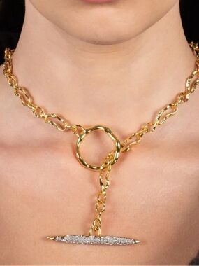 Alexis Bittar Gold-Tone Chain Lariat Necklace with Pavé Bar